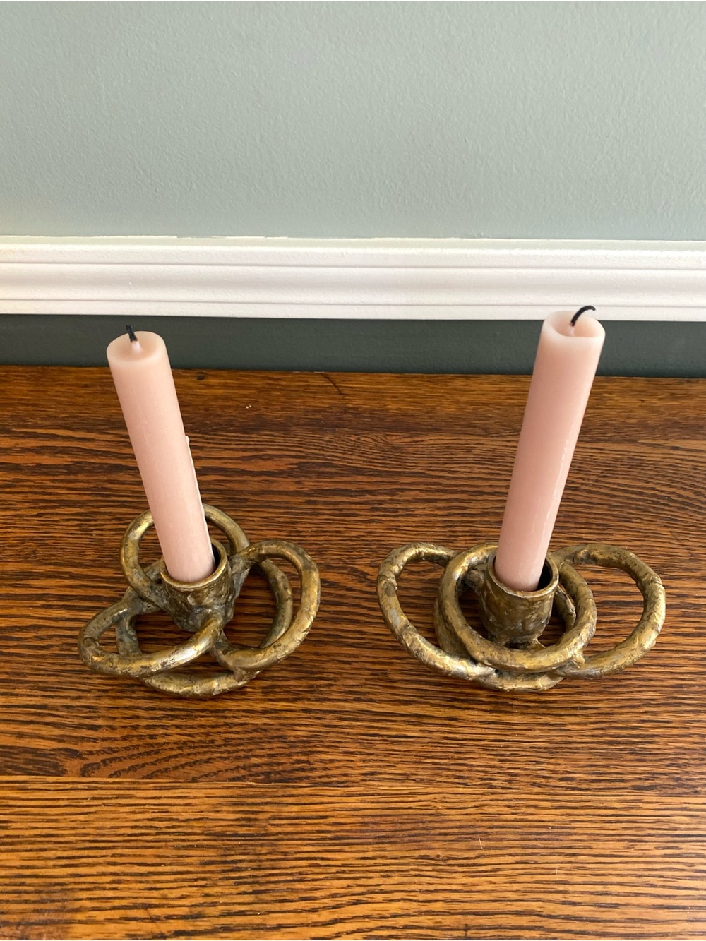 Vintage Unique Handmade Gold Metal Candleholder Set of Two